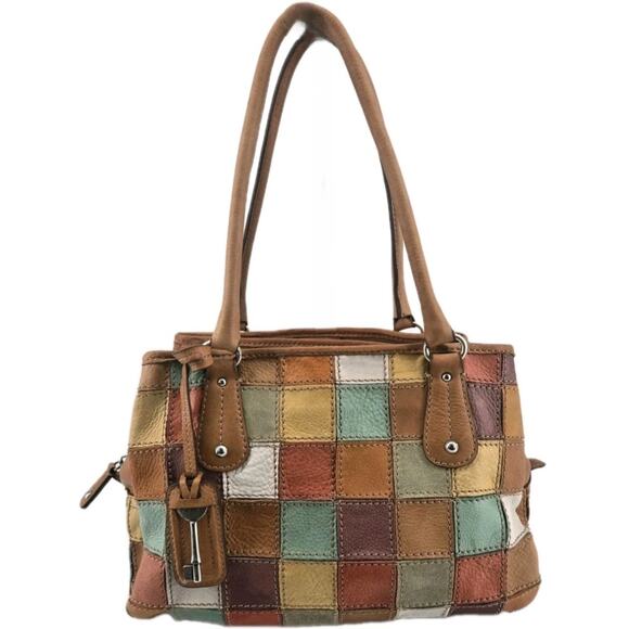 Fossil Leather Suede Patchwork Multi Color Satchel Shoulder Handbag Purse Bag - Picture 1 of 16